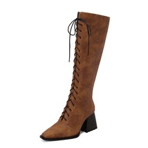 Fashion Women Knee High Boots New Lace-up Front Chunky Heel Zipper Leopard print - £75.43 GBP