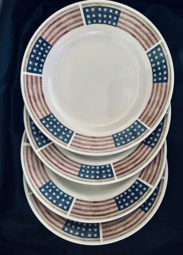 RWB Dinner Plates Gibson Stoneware 11" American "Flag" Design  (4)