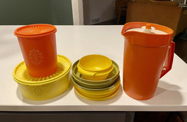 5 complete Vintage Tupperware Autumn Harvest pitcher storage canister bowl - £33.61 GBP