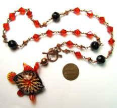 Genuine COPPER Red Black Paperweight Glass Fish Pendant Toggle Clasp Necklace - £29.72 GBP
