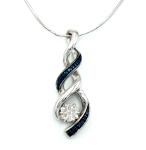 Blue and White Diamond Pendant Necklace 925 Sterling Silver 16in - £76.72 GBP