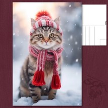✨POSTCARD: Adorable Cat in Snow - Winter Elegance with Hat and Scarf! ❄️ - £4.72 GBP