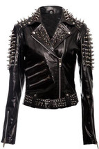 Handmade New Men&#39;s Black Silver Spiked Studded  Punk Cowhide Leather Jacket-220 - £262.96 GBP