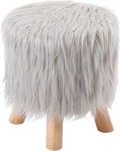 Birdrock Home Silver Faux Fur Foot Stool Ottoman – Soft Compact Padded Seat - - £46.49 GBP