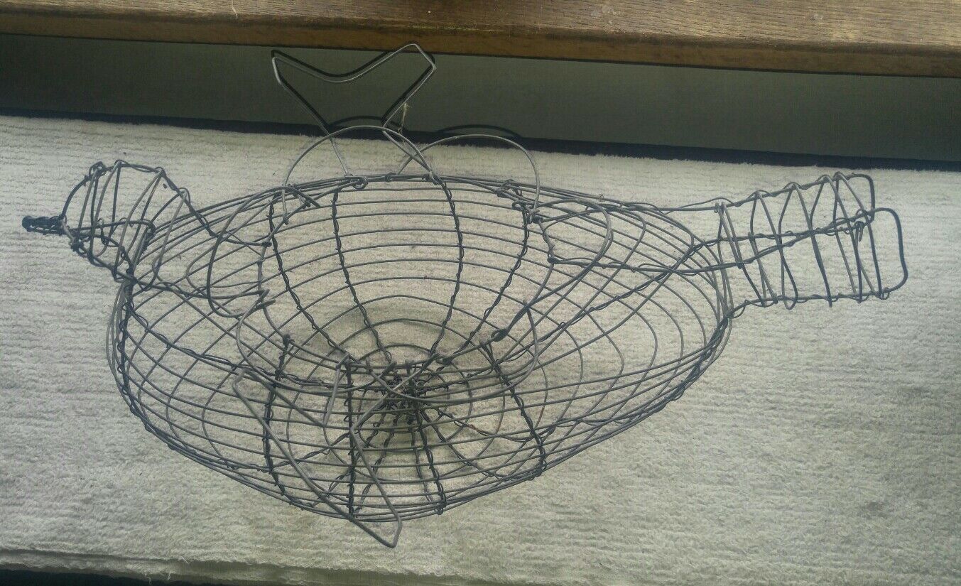 Primary image for Vintage Primitive Wire Chicken Shape Egg Basket Holder Antique Woven