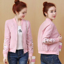Flower Embroidery Short Jacket Women Spring Pink Black Baseball Uniform Women Ba - £174.64 GBP