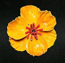 Vintage Enamel Flower Brooch Bright Yellow Orange Red Mid Century Retro Pin - $24.25