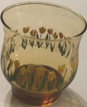 LIBBEY Yellow Tulips Amber Flowers Green Vintage Smoke Juice Rocks Glasses 3&quot; - £5.01 GBP