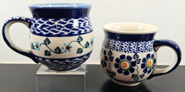 2 Pc Boleslawiec Polish Pottery Mugs Mixed Set Floral Blue Green Cups Poland Lot - £55.63 GBP