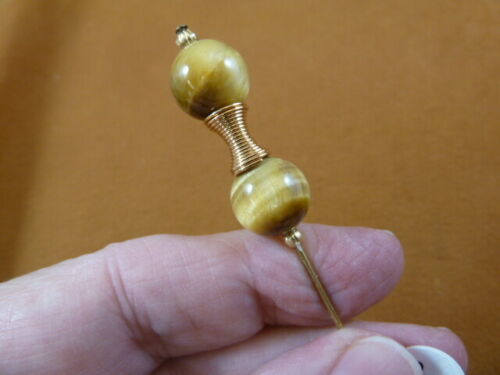 U-324) 12mm tan blonde Tiger&#39;s eye gemstone beaded gold hatpin Pin love ... - $10.39