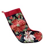 Vintage Wool Christmas Stocking Red Velvet Needlepoint Poinsettia 1991  17” - $332.16 MXN
