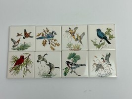 Vintage Hand Painted Bird Nature Ceramic Tiles Coaster Trivet Sample Set of 6 3&quot; - £22.70 GBP