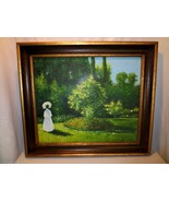 VTG OIL ON CANVAS PAINTING IMPRESSIONISM WOMAN IN GARDEN PARASOL FRAMED ... - $150.00
