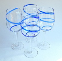 Lot 4 Pier 1 Swirline Cobalt Blue Spiral Wine Glasses Goblets Stems VTG - $66.93