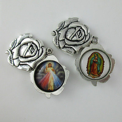 20pcs of 35mm Metal Rose Shaped Locket Gift Pendant with Two Saints Images - $31.98