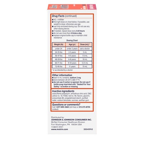 Children's Motrin Ibuprofen Kids Medicine *01/2026*, Berry Flavored, 4 fl. oz Item image 8