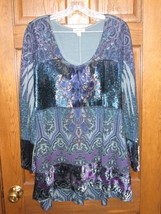 One World Dark Blue Velvet Front Knit Scoop Neck Boho Tunic Top - Size 1X - £15.02 GBP