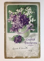 Antique Easter Greetings Card 1912 Syracuse NY Purple Violets &amp; Lilies Flowers - £7.98 GBP