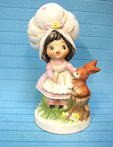 Lefton China Handpainted Figurine Country Big Hat Girl Forest Rabbit Pink #7988  - £19.71 GBP