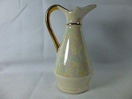 Irridescent White Vase vintage Gold Trim 474 small Pitcher Style 5.5&quot; - $19.79