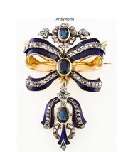 Antique Victorian Rose cut Diamond And Blue Sapphire Enamel Silver Brooch - £400.11 GBP