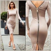 Stately Long Sleeved Solid Color Round Neck Zip Up Back Midi Length Pencil Dress image 1