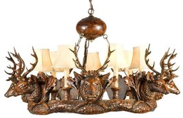 Chandelier Lodge 7 Small Stag Head Deer 7-Light Chestnut Faux Leather Shade - £2,940.83 GBP