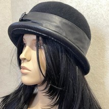 Vintage wool blend soft black hat with leather trim - £34.73 GBP