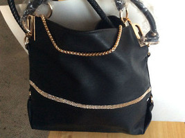 Luxury Designer Blk Leather Handbag w/Rhinestones Gold Chain Braided Han... - £39.68 GBP