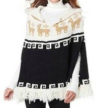 Womens Poncho Sweater Curations Caravan Deer Print Fringe Trim Coat $100-sz OS - £30.06 GBP
