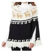 Womens Poncho Sweater Curations Caravan Deer Print Fringe Trim Coat $100... - $37.62