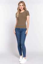 Olive Green Basic Casual Short Sleeve Crew Neck Variegated Rib Knit Top - £6.27 GBP
