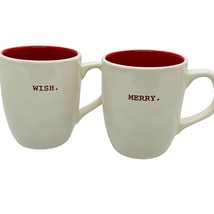 Rae Dunn &quot;Merry&quot; &amp; &quot;Wish&quot; Coffee Mugs Holiday Red Interior - £16.73 GBP