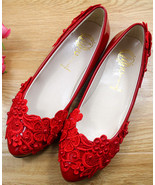 Red Wedding Shoes,Lace Bridal Shoes,Bridesmaids Shoes,Red Women Wedding Flats - £38.57 GBP