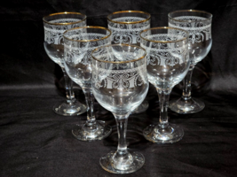 Set Of 6 Vintage Italian CELLINI Etched Crystal Wine Glass 24k Gold Pattern C9N3 - $48.48