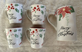 Inhomestylez Christmas Collection Ceramic Poinsettia Pitcher &amp; 4 Mugs 14oz. New - £67.92 GBP