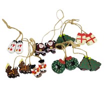 Miniature Wooden Ornaments Christmas Branch Hangers 8 Piece Set Vintage Painted - £11.68 GBP