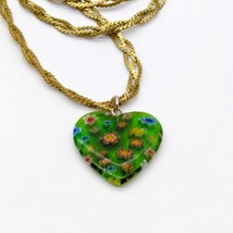 Art Glass Vintage Heart Pendant Necklace, Green Millefiori Flowers on Gold Tone - £30.09 GBP