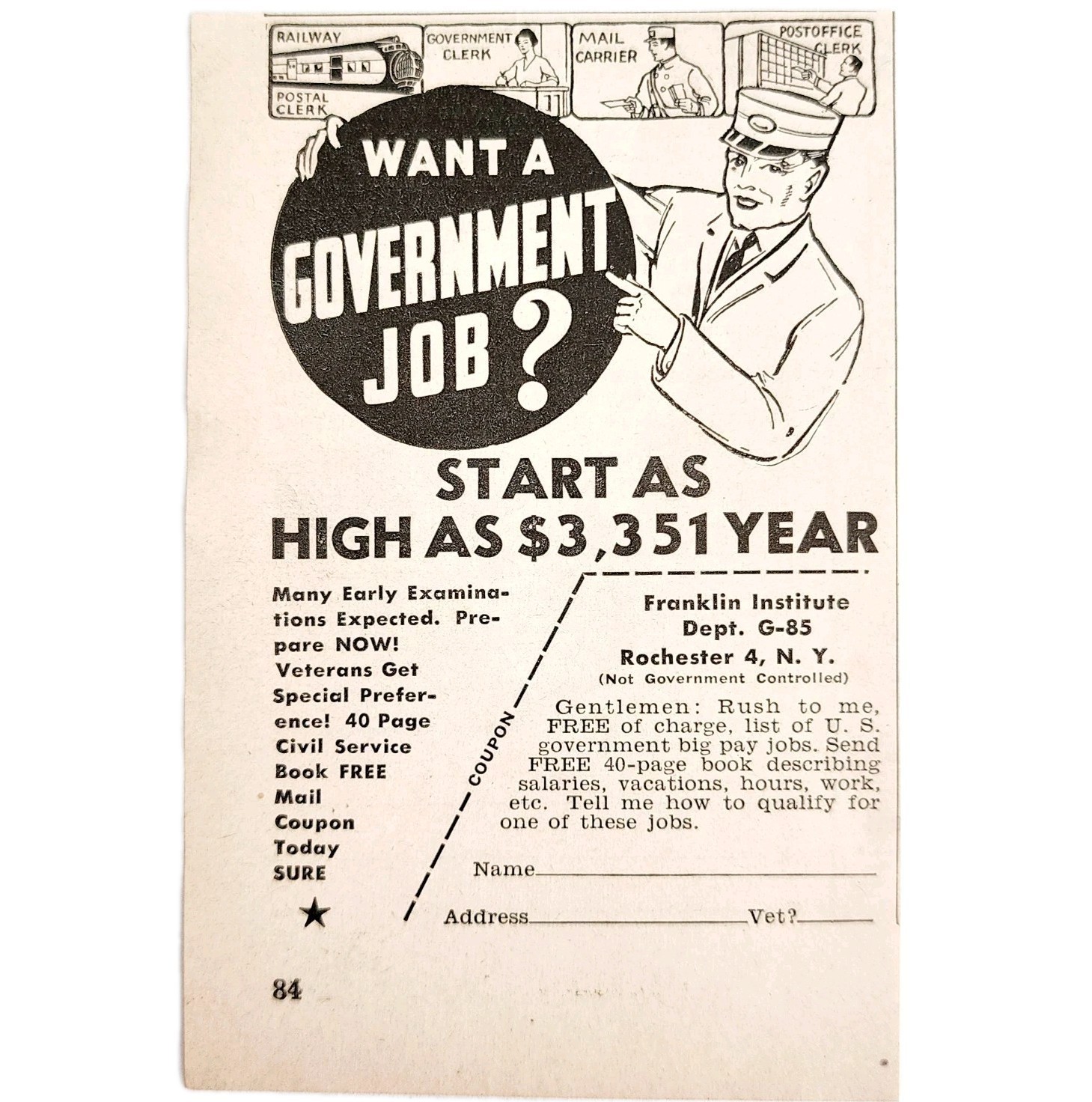 1948 Railway Postal Clerks Government Advertisement Railroad Jobs Vintag... - $19.99