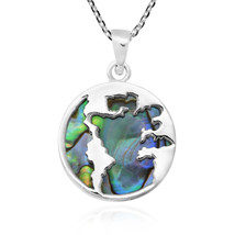 Traveler World Map Mother Earth Rainbow Abalone Shell Sterling Silver Necklace - £17.71 GBP