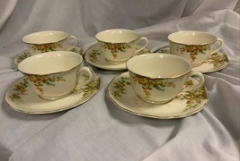 5 Vintage Sets Carrolton China Pattern 148 Yellow Flower Cups &amp; Saucer - $25.61