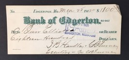 Antique 1920 Check Bank of Edgerton Missouri - $16.00