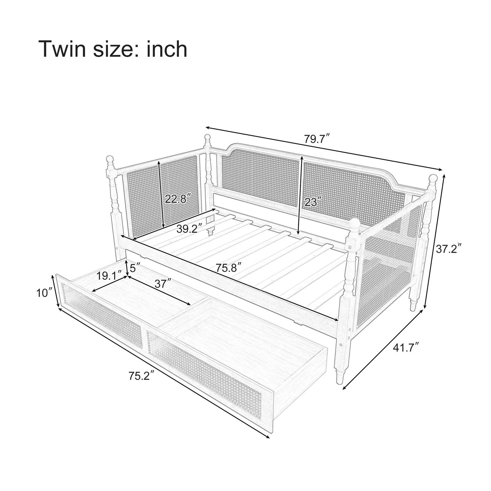 Rattan Twin Daybed with Drawers, Antique White Solid Pine Wood Item image 3