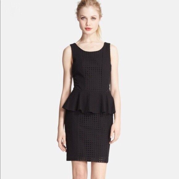 Rachel Zoe Paola Cotton Eyelet Peplum Dress in Black Cotton $375, Sz 6, ... - $84.14