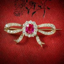 Antique Edwardian Diamond Pink Ruby Bow Brooch Pin 18K Yellow Gold Over 4.80Ct - £114.10 GBP