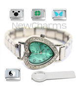 Green Heart Italian Charm Watch Bracelet Plus Charm Tool &amp; Enamel Charms - €16,21 EUR