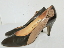 Vintage Rosina Ferragamo Spain Rich Brown Leather W Taupe Rosette Heels ... - $79.99