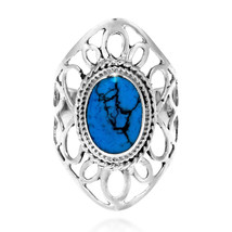 Splendid Flower Blue Turquoise Inlay .925 Silver Ring-7 - £28.96 GBP