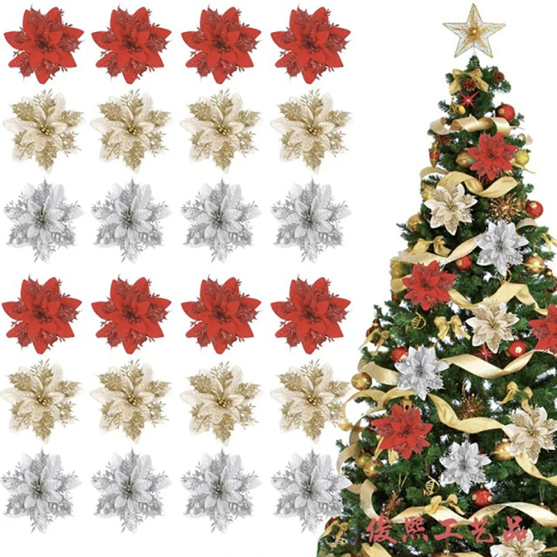 1PC Christmas Flowers Glitter Artificial Poinsettia Floral Xmas Tree Ornaments - £6.99 GBP+
