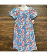 Carole Smock Dress Gown Garden Mumu Medium Blue Roses Patch Pleasant VGT... - $21.68